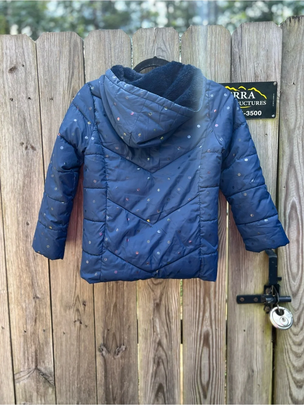 SWISSTECH Girls Navy Blue Polka Dot Confetti Puffer Coat Hooded Girls Medium 7-8